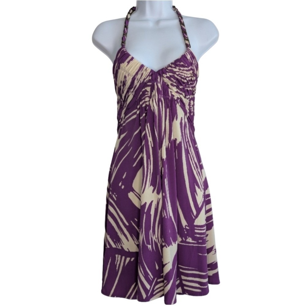 BCBGMaxAzaria Women's Small Purple White Pattern Halter Dress